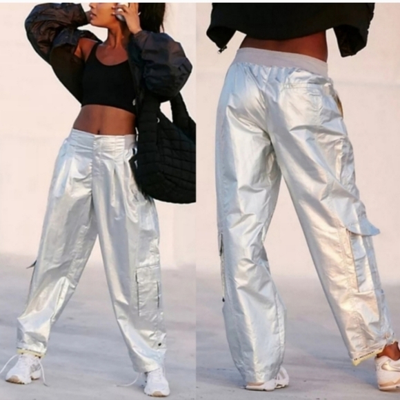 NWOT Free People Mesmerize Me Shine Pants in Silver $128  XS - Picture 1 of 13